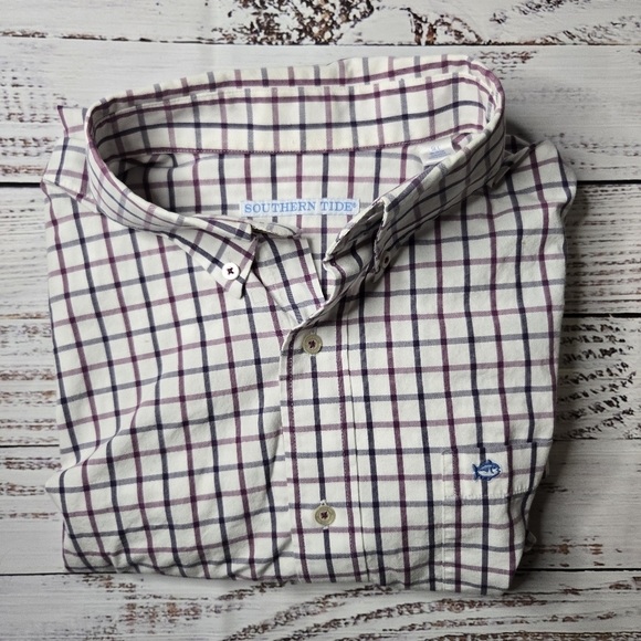 Men’s Southern Tide White Purple check Collared Shirt sz L - Picture 1 of 9